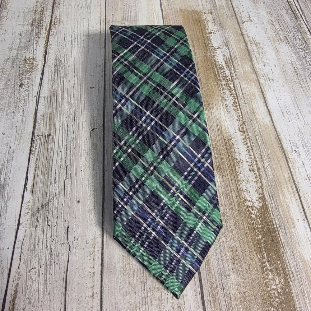 Tommy Hilfiger Mens Green Navy Blue Plaid Silk Blend Woven Necktie Tie